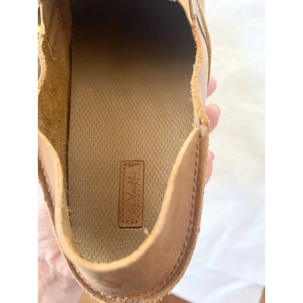 OluKai Pehuea Leather Slip On Shoes Floc Fox Brown Slides 2 Way Loafers Size 9.5